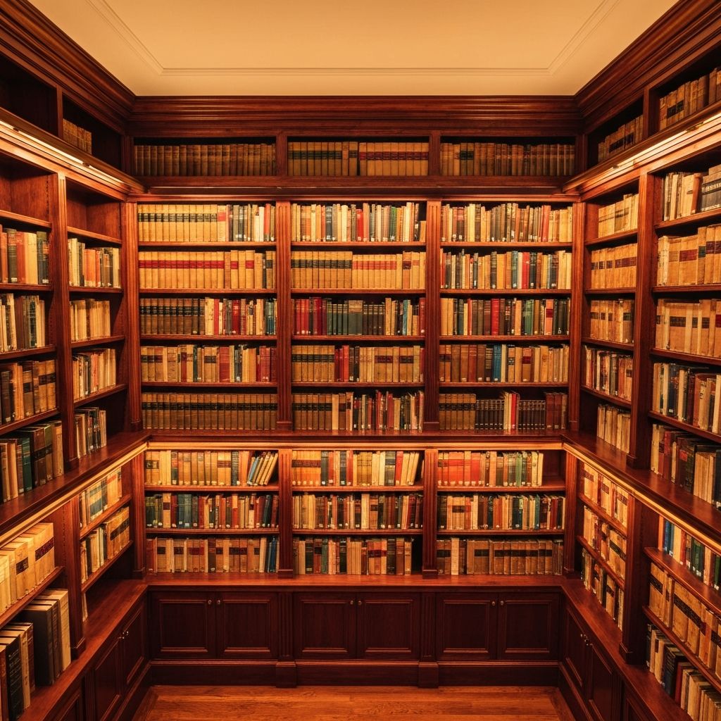 Biblioteka prawnicza kancelarii z antycznymi regałami pełnymi ksiąg prawniczych i skórzanymi oprawami